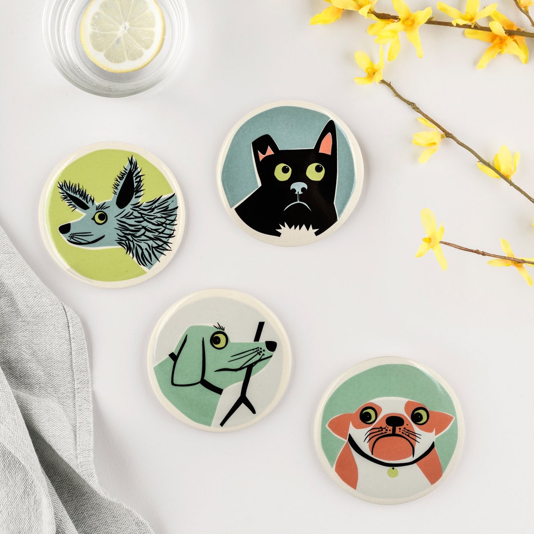 Handmade Ceramic Dog Coasters, Designed in the UK by Hannah Turner