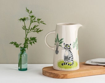 Handmade Ceramic Cat Pitcher, designed in the UK by Hannah Turner, the perfect tall jug for flowers or water. A great gift for a cat lover.