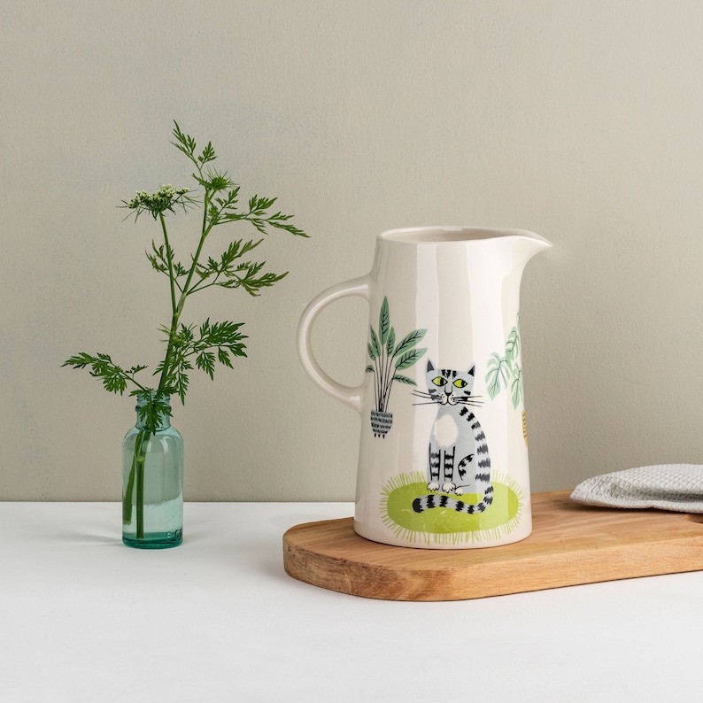 Handmade Ceramic Cat Pitcher, designed in the UK by Hannah Turner, the perfect tall jug for flowers or water. A great gift for a cat lover. image 2