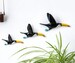 Handmade Ceramic Flying Toucan Set of 3, retro toucan wall art, tucan wall decor, handmade pottery, designed in UK by Hannah Turner, vintage 