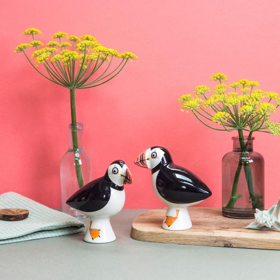 Puffin Salt and Pepper Shakers, Handmade Ceramic Puffin Pottery Gift, designed in the UK by Hannah Turner, puffin cruet set charity donation