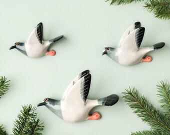 Set Of Three Handmade Ceramic Flying Racing Pigeons, handmade in the UK by Hannah Turner. Gift boxed perfect present for Pigeon fanciers.