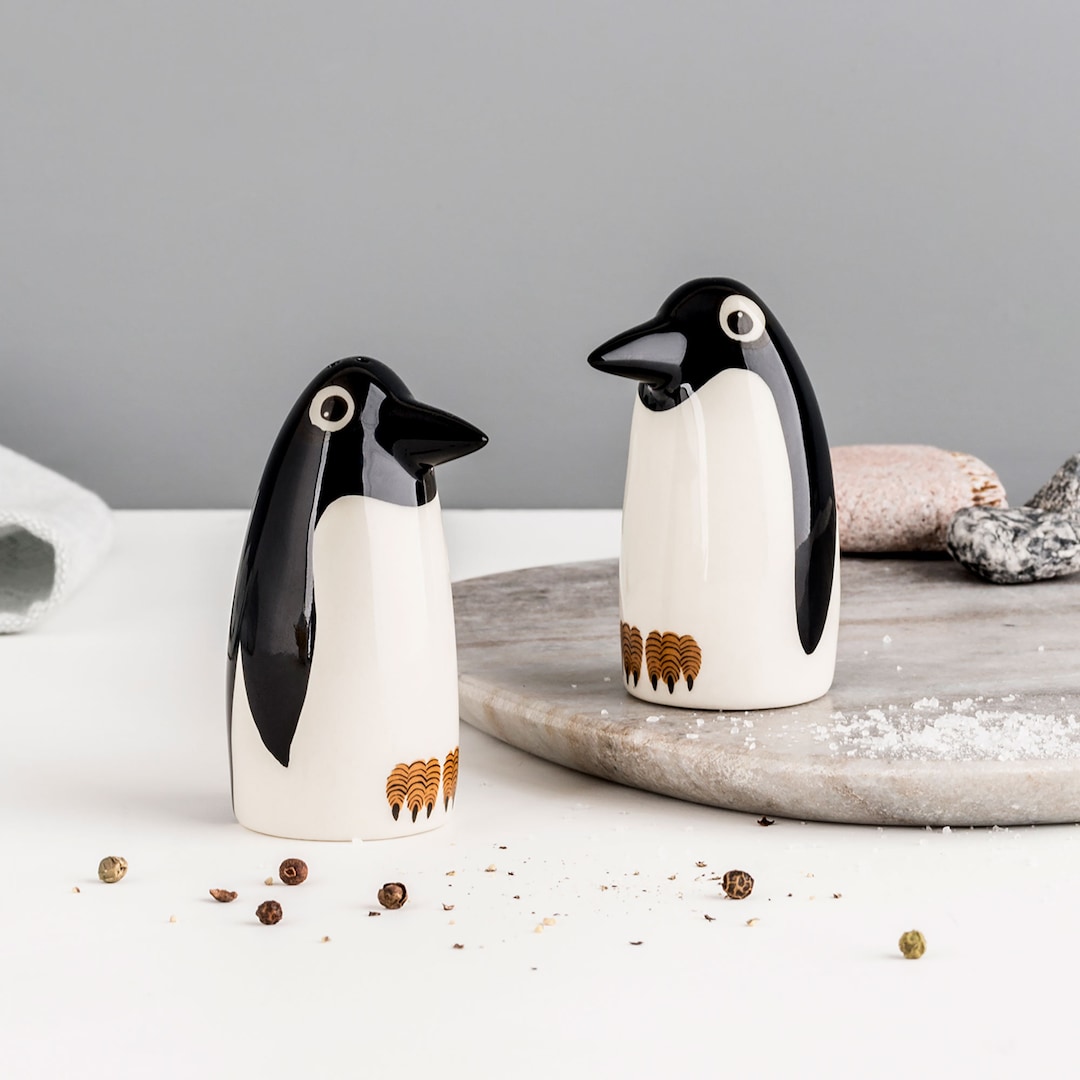 Handmade Ceramic Penguin Salt and Pepper Shakers, Designed in UK, Retro Style, Animal and Food Lover