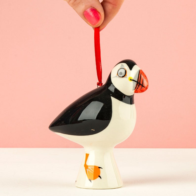 Handmade Ceramic Puffin Christmas Decoration, designed in the UK by Hannah Turner, gift boxed pottery puffin, perfect for Puffin fans image 1