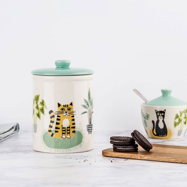 Pot de rangement pour chat en céramique fait main, conçu au Royaume-Uni par Hannah Turner. Pot à biscuits parfait ou boîte de rangement, pot de poterie en boîte cadeau