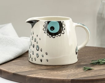 Handmade Ceramic Owl Milk Jug, designed in the UK by Hannah Turner. Perfect Jug for the breakfast Table, Gift Boxed Pottery Creamer