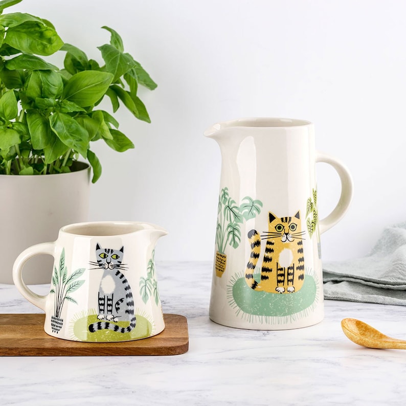 Handmade Ceramic Cat Pitcher, designed in the UK by Hannah Turner, the perfect tall jug for flowers or water. A great gift for a cat lover. image 1