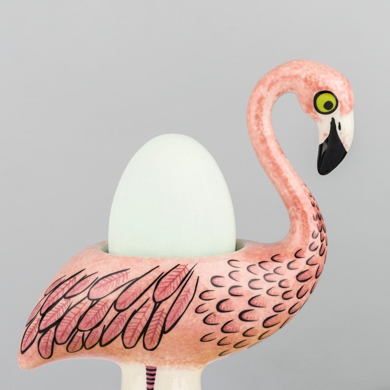 Flamingo Egg Cup, perfect gift for kids, Handmade Ceramic Flamingo gift, retro flamingo, kitsch flamingo, designed in UK by Hannah Turner image 3