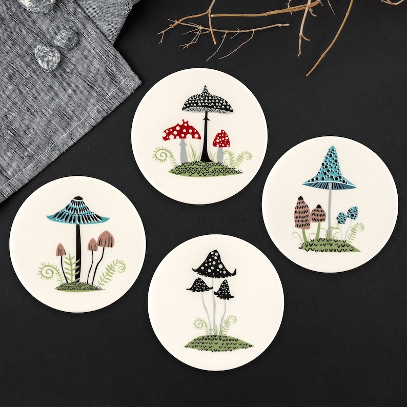 Handmade Ceramic Toadstool Coasters, Retro Mushroom Drink Coaster Set ...