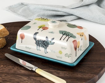 Handmade Ceramic Dog Butter Dish, designed in the UK by Hannah Turner. Butter dish gift for dog lovers, gift-boxed pottery dog present