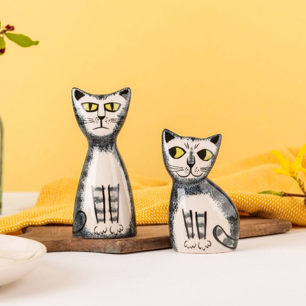 Handmade Cat Salt and Pepper Shakers, designed in UK by Hannah Turner, gift boxed, retro cat, vintage cat gift, cat lover present