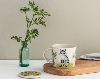 Handmade Ceramic Cat Mug, designed in the UK by Hannah Turner. Perfect Mug for Morning Tea or Coffee, Gift Boxed Pottery Mug
