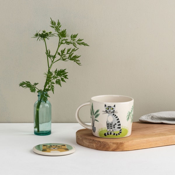 Handmade Ceramic Cat Mug, designed in the UK by Hannah Turner. Perfect Mug for Morning Tea or Coffee, Gift Boxed Pottery Mug