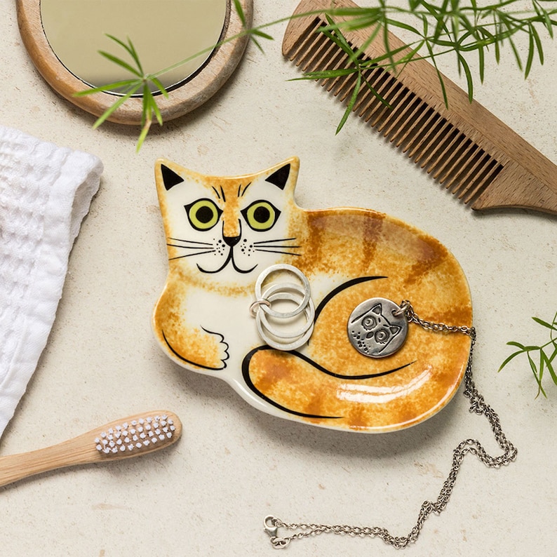Handmade Ceramic Cat Trinket Dish. Designed in the UK By Hannah Turner. Cat Ring Dish. Cat Spoon Rest or Teabag dish. Tabby Cat, Ginger Cat image 4