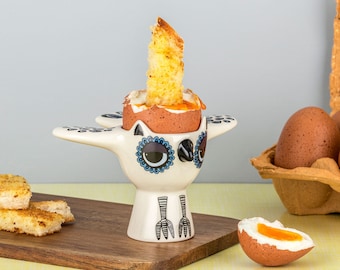 Owl Egg Cup, Handmade Ceramic Owl Pottery Gift, designed in the UK by Hannah Turner, perfect Owl-Lover Gift, gift boxed owl gift