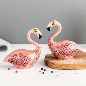 Handmade Ceramic Flamingo Salt and Pepper Shakers, designed in the UK by Hannah Turner. Retro pottery Flamingo cruet set, Flamingo gift.