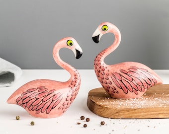 Handmade Ceramic Flamingo Salt and Pepper Shakers, designed in the UK by Hannah Turner. Retro pottery Flamingo cruet set, Flamingo gift.