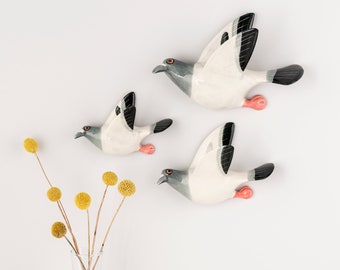 Set Of Three Handmade Ceramic Flying Racing Pigeons, handmade in the UK by Hannah Turner. Gift boxed perfect present for Pigeon fanciers.
