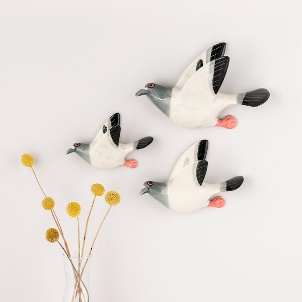 Set Of Three Handmade Ceramic Flying Racing Pigeons, handmade in the UK by Hannah Turner. Gift boxed perfect present for Pigeon fanciers.