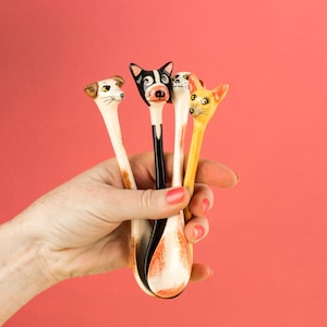 Handmade Ceramic Dog Spoons, designed by Hannah Turner, fun pottery spoons in shape of dogs, great gift for kids and adult dog lovers