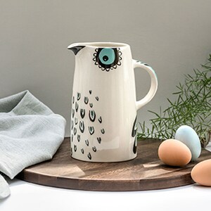 Handmade Ceramic Owl Tall Jug, designed in the UK by Hannah Turner. Perfect Jug for Cut Flowers or Table Water, Gift Boxed Pottery Jug