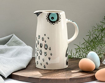 Handmade Ceramic Owl Tall Jug, designed in the UK by Hannah Turner. Perfect Jug for Cut Flowers or Table Water, Gift Boxed Pottery Jug