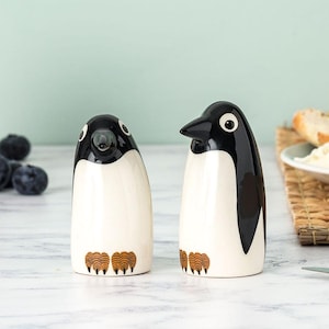 Salero y pimentero de cerámica con forma de pingüino hechos a mano / Juego de condimentos Hannah Turner / Juego de vinagreras de cerámica