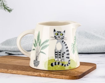 Handmade Ceramic Cat Milk Jug, designed in the UK by Hannah Turner. Perfect Jug for the breakfast Table, Gift Boxed Pottery Creamer