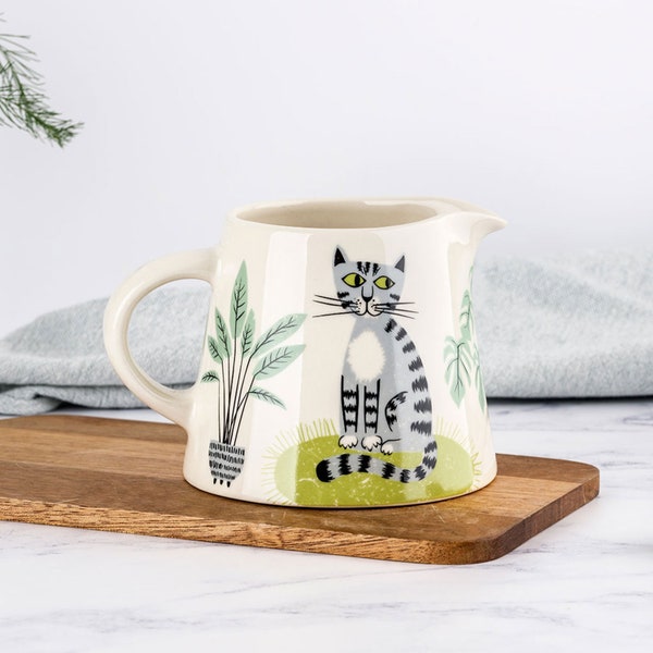 Handmade Ceramic Cat Milk Jug, designed in the UK by Hannah Turner. Perfect Jug for the breakfast Table, Gift Boxed Pottery Creamer