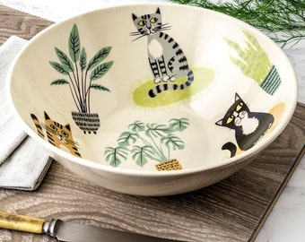 Handmade Ceramic, Cat Serving Bowl, designed in the UK by Hannah Turner. Perfect bowl for Cereal or Pudding, Gift Boxed Pottery Bowl