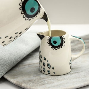 Handmade Ceramic Owl Small Jug, designed in the UK by Hannah Turner. Jug for Milk and Cream or Maple Syrup on Breakfast Pancakes