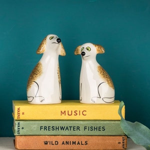 Handmade ceramic scruffy dog salt and pepper shakers by Hannah Turner