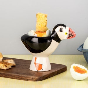 Puffin Egg Cup, Handmade Ceramic Puffin Pottery Gift, designed in the UK by Hannah Turner, perfect Bird-Lover Gift, charity donation