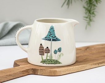 Handmade Ceramic Toadstool Milk Jug, designed in the UK by Hannah Turner. Mushroom Jug for the breakfast Table, Gift Boxed Pottery Creamer