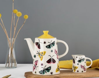 Handmade Ceramic Moth Pattern Teapot, designed in the UK by Hannah Turner. The perfect gift-boxed gift for any nature lover,