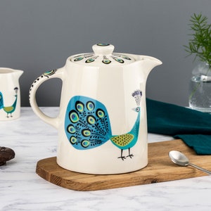 Handmade Ceramic Peacock Teapot, designed in the UK by Hannah Turner. Gift Boxed Pottery Teapot