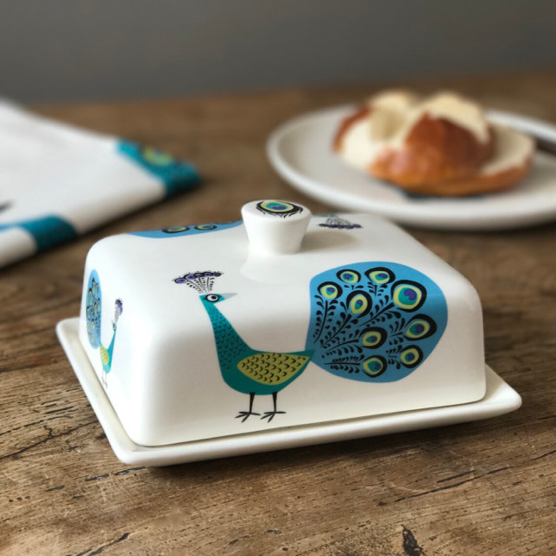 Handmade Ceramic Peacock Butter Dish designed in the UK by Etsy