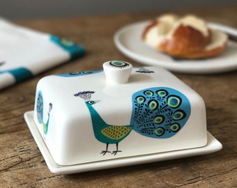 Handmade Ceramic Peacock Butter Dish, UK Design, Gift Boxed for Animal lovers