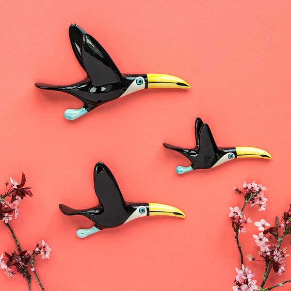 Handmade Ceramic Flying Toucan Set of 3, retro toucan wall art, tucan wall decor, handmade pottery, designed in UK by Hannah Turner, vintage