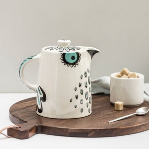 Handmade Ceramic Owl Teapot, designed in the UK by Hannah Turner. Gift Boxed Pottery Teapot