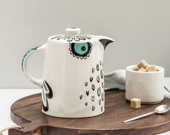 Handmade Ceramic Owl Teapot, designed in the UK by Hannah Turner. Gift Boxed Pottery Teapot