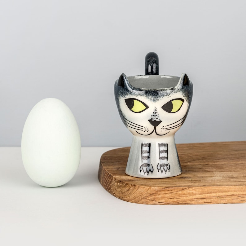 Handmade Ceramic Cat Egg Cup, vintage soft boiled egg holder, designed in UK by Hannah Turner, cat gift, cat lover, ginger tabby, gray tabby image 2