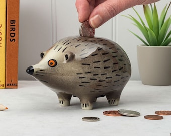 Handmade Ceramic Hedgehog Money Box by Hannah Turner, pottery hedgehog piggy bank, coin bank