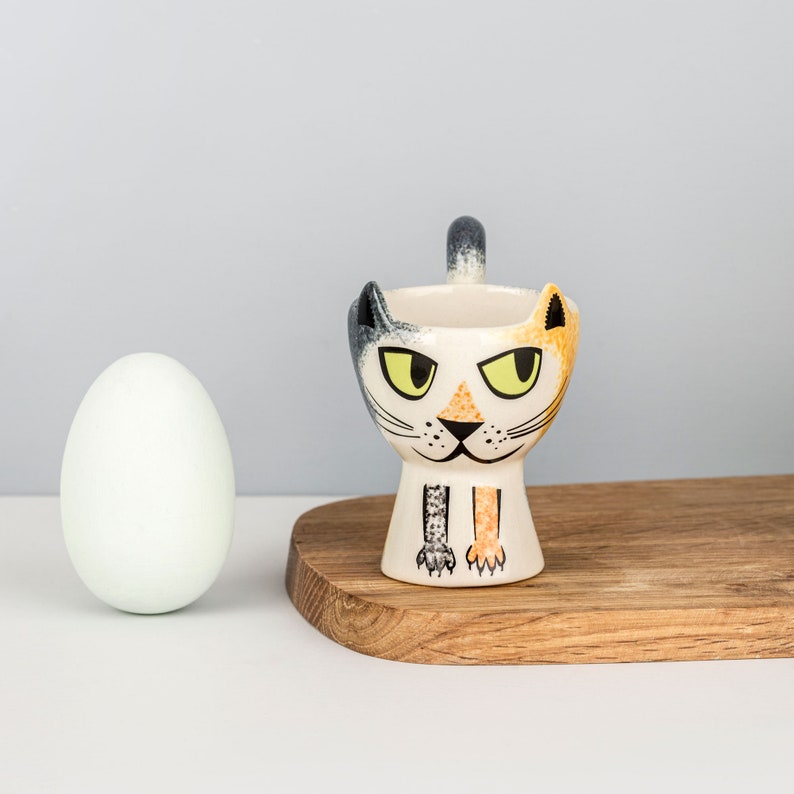 Handmade Ceramic Cat Egg Cup, vintage soft boiled egg holder, designed in UK by Hannah Turner, cat gift, cat lover, ginger tabby, gray tabby image 5