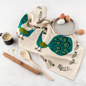 Peacock Tea Towel, Vintage Peacock Design Kitchen Towel. Printed in UK, unbleached cotton, retro Peacock design screen printed dishcloth