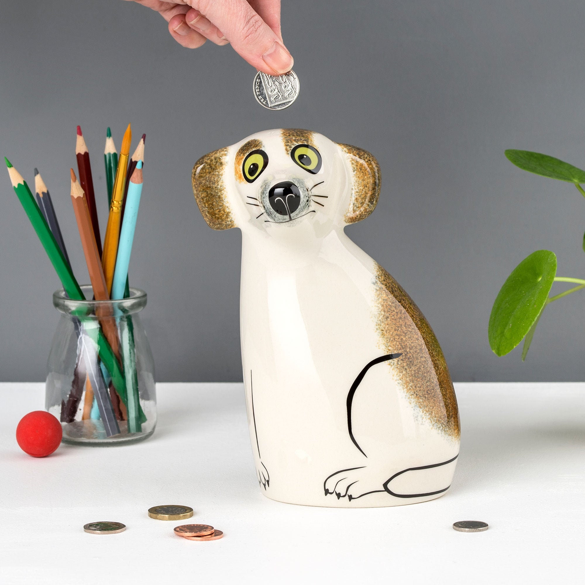 Handmade Ceramic Brown and White Dog Money Box Designed in Etsy UK