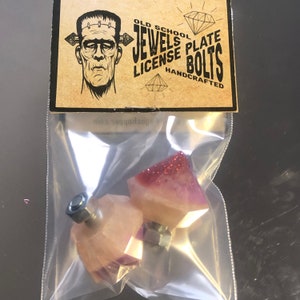 Puede incluir: Dos tornillos para matrícula de color rosa y morado con base de metal plateado. Los tornillos están empaquetados en una bolsa de plástico transparente con una etiqueta que dice "Old School Jewels Plate License Bolts Handcrafted".