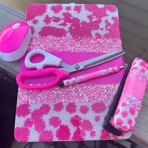 Leopard Office Set – Epoxy Clipboard, Scissors, Pen, Stapler & Mouse – Glitter Desk Accessories