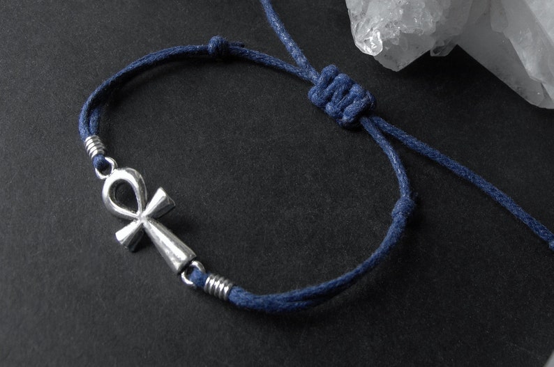 Adjustable Ankh Charm Bracelet Blue Cord