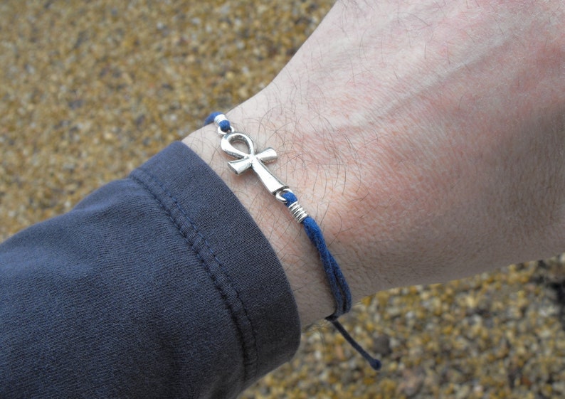 Adjustable Ankh Charm Bracelet Blue Cord